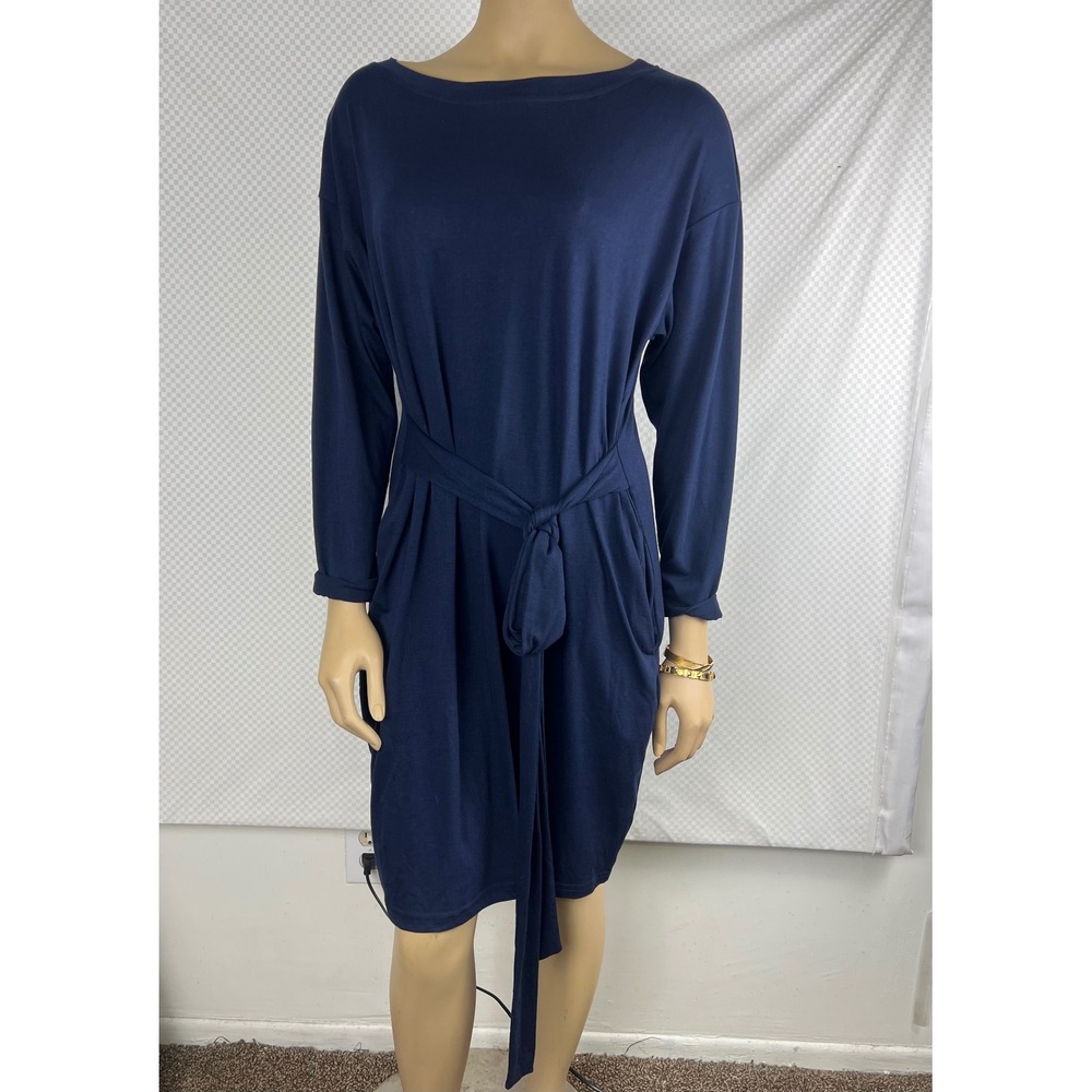 MEROKEETY Navy Blue Long‎ Sleeve Tie Waist Casual Midi Dress Women's Size L